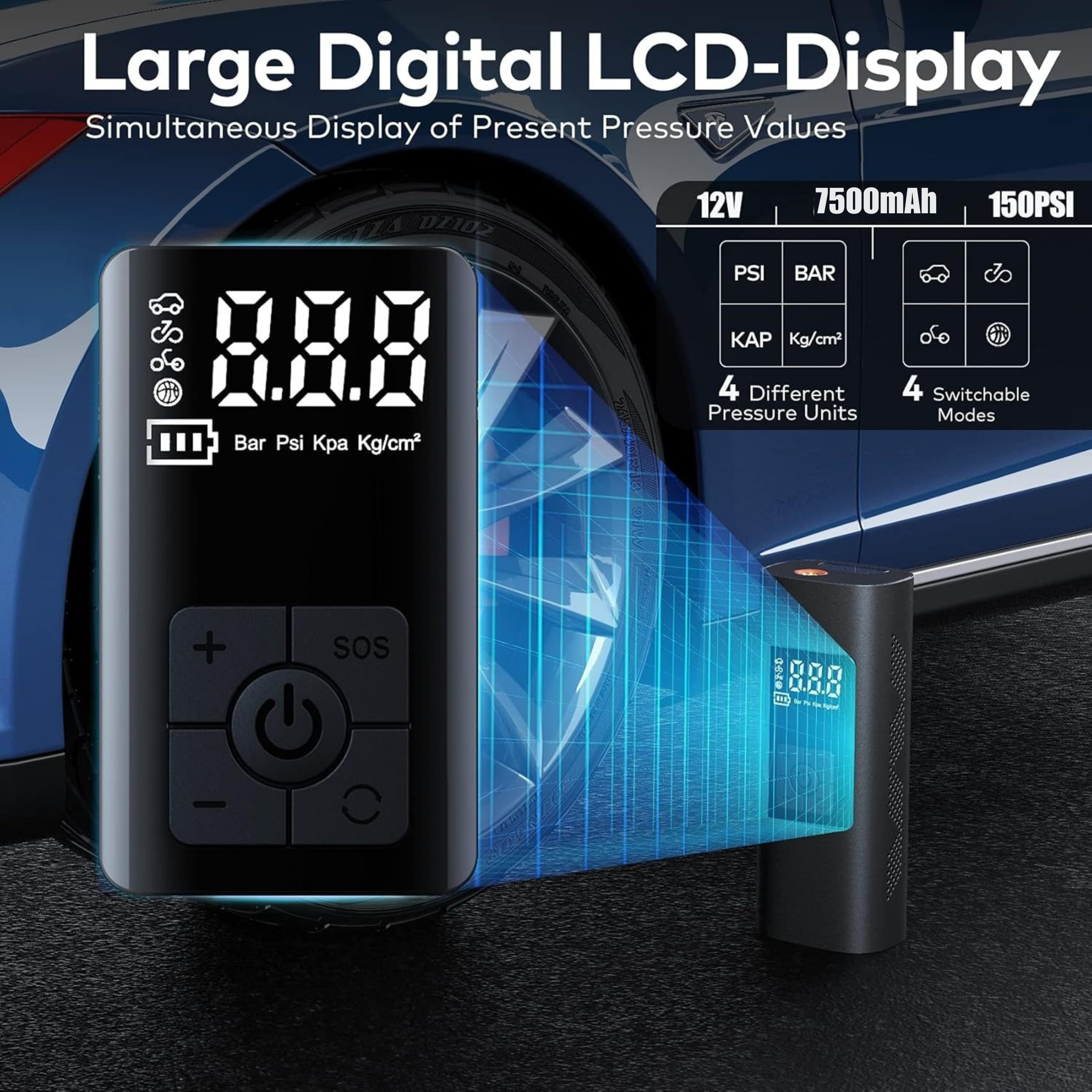 Portable 150 PSI Tire Inflator with LCD Display